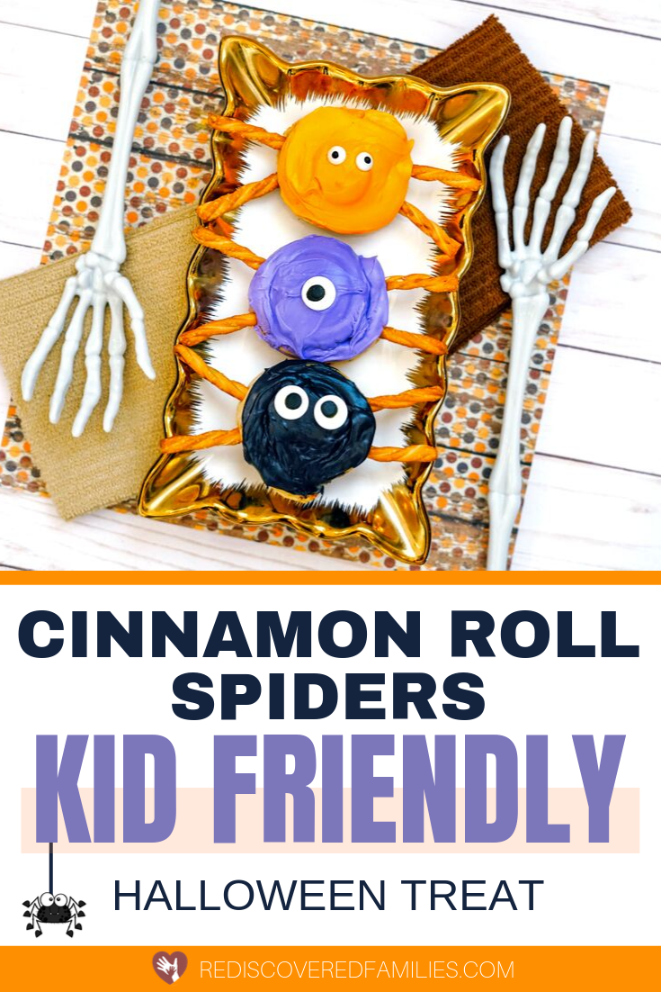 Pinterest pin for a post with instructions for making cinnamon roll spiders