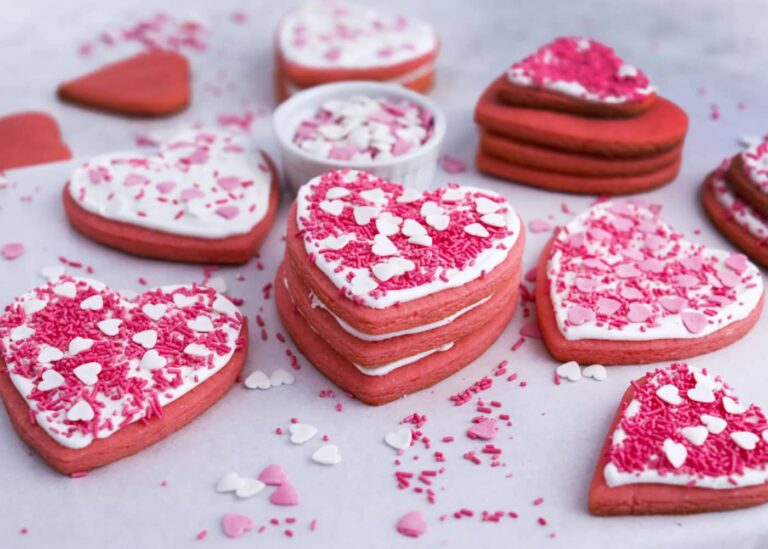 selection of heart shaped cookies with sprinkles