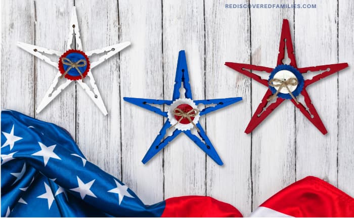 the clothespin stars arranged with patriotic decorations