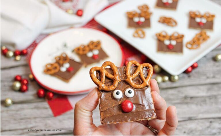 a hand holding a finished Graham cracker reindeer
