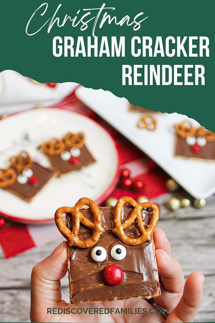Pinterest pin for a post with a Graham cracker reindeer recipe