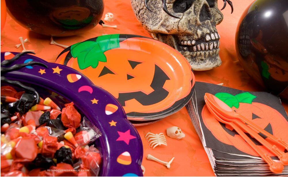 party table with Halloween plates and decorations