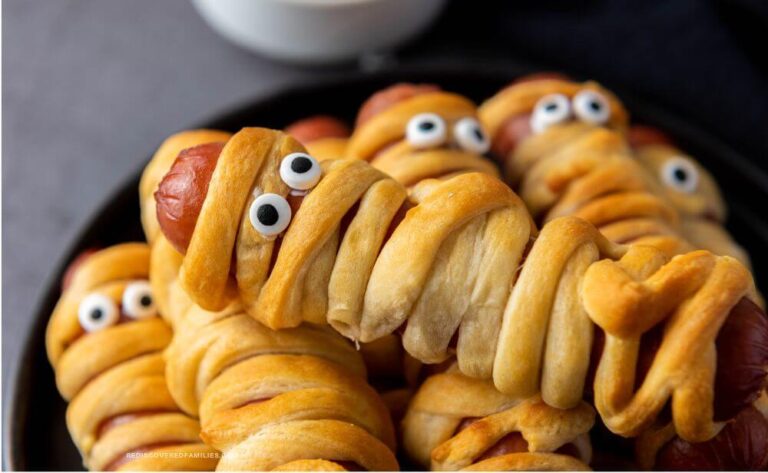 close up of the baked mummy hot dog
