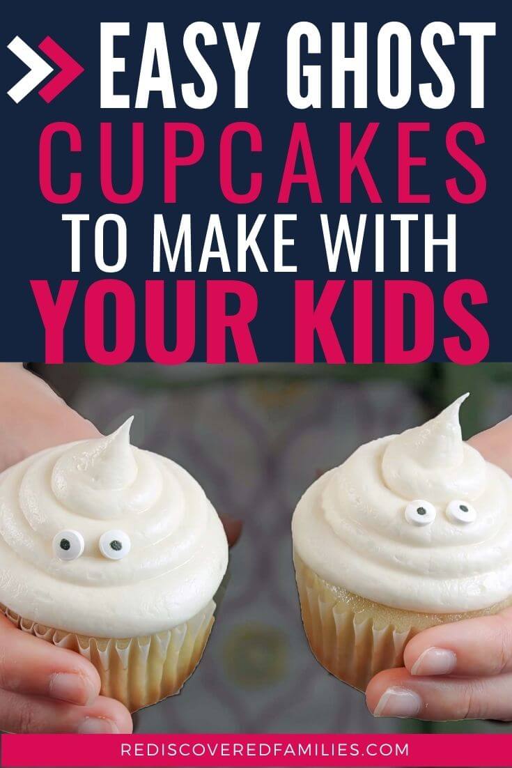 pinterest pin for post with a recipe for ghost cupcakes