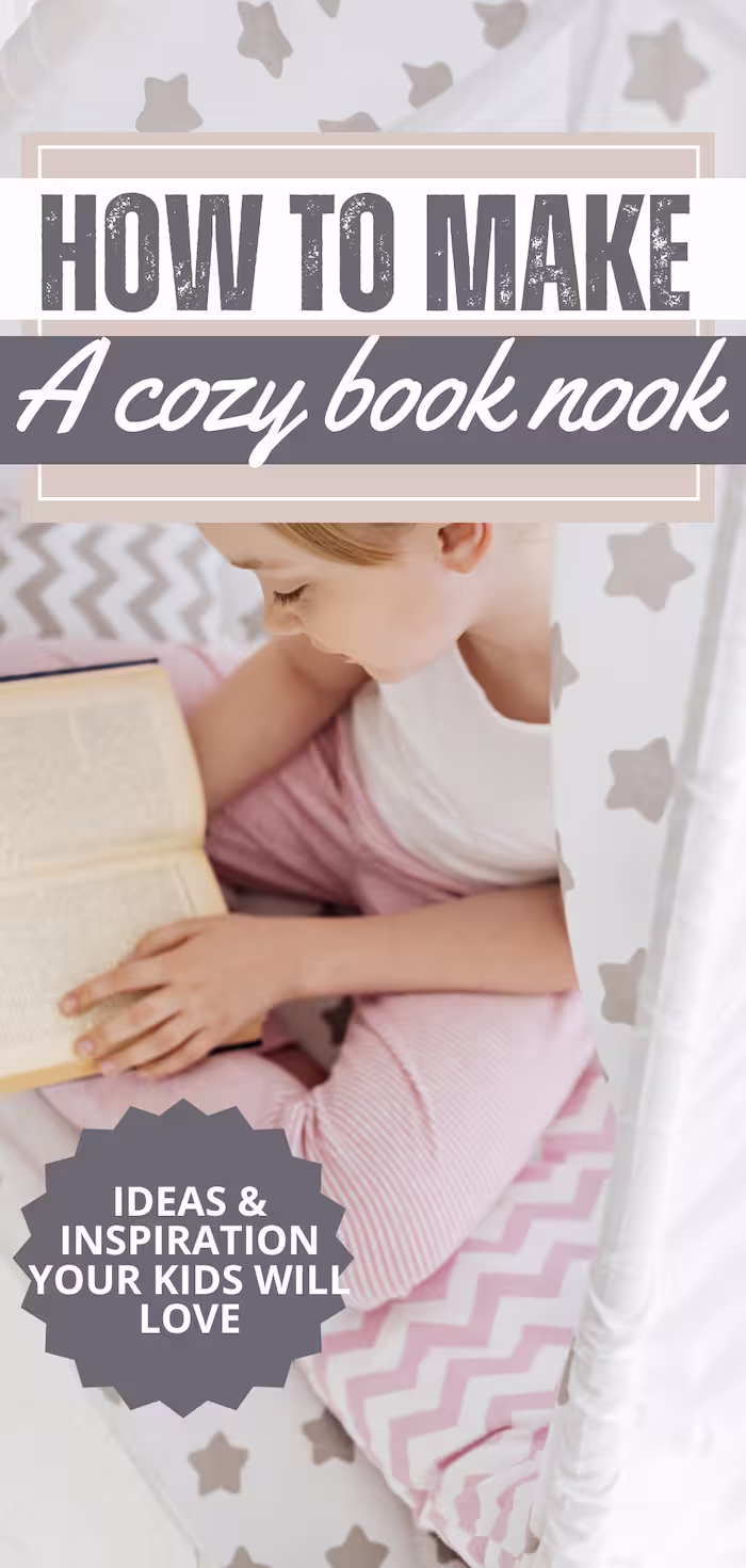 pinterest pin for a post about making a reading corner for kids