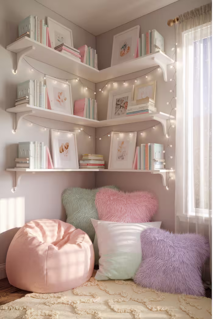A pink reading corner with lots of cusshions and corner book shelves