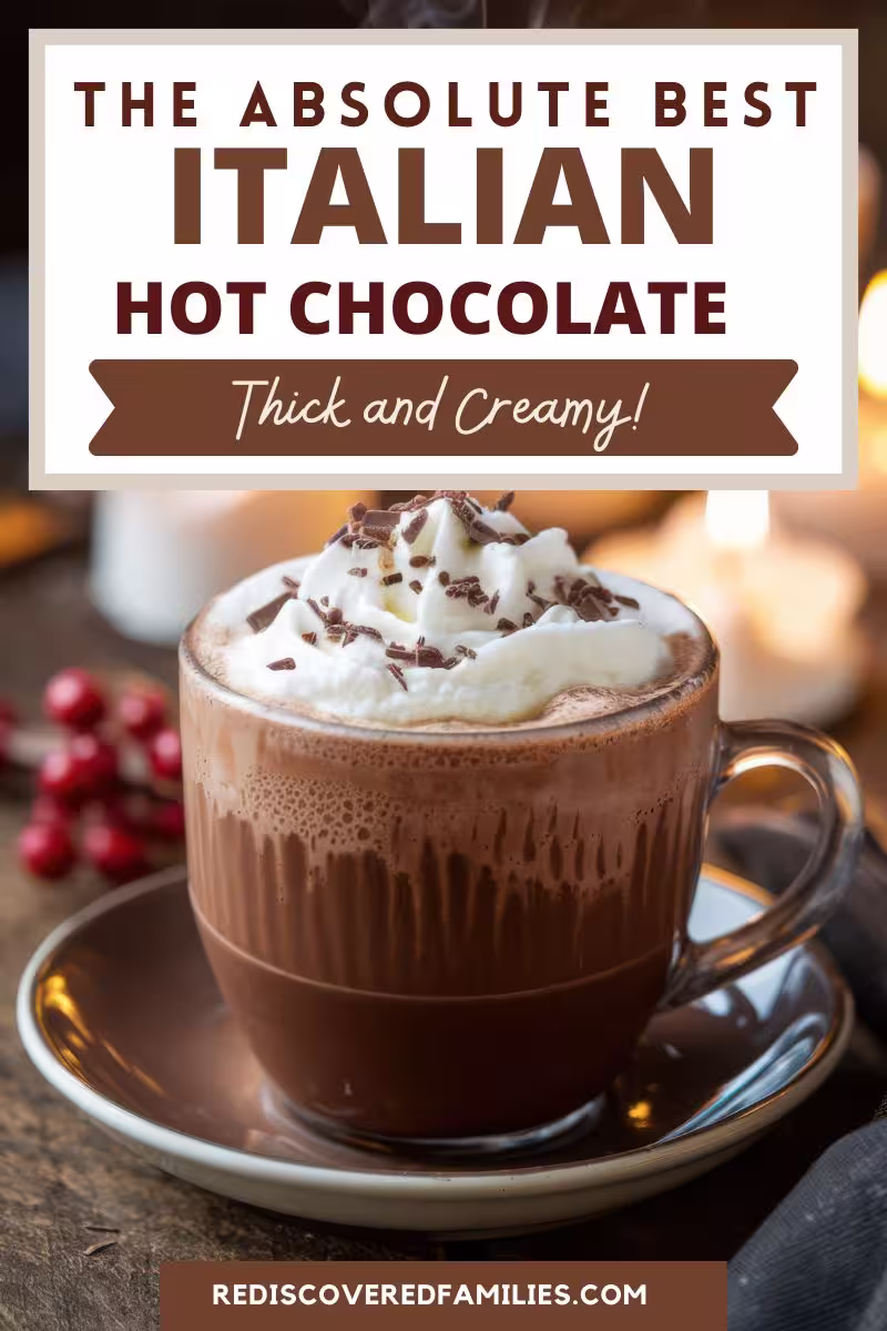 Pinterest pin featuring rich visuals of thick, creamy Italian hot chocolate served in elegant mugs