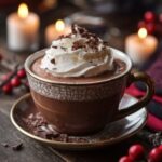 A beautifully styled cup of Italian hot chocolate topped with whipped cream and chocolate shavings