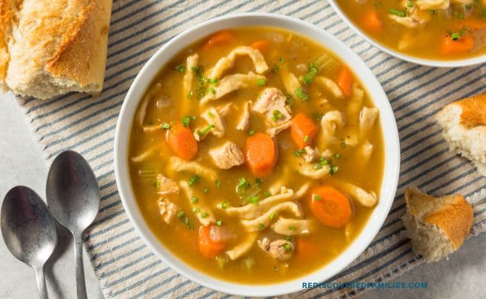 a bowl of chicken noodle soup