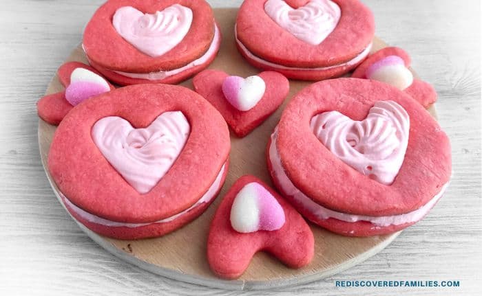 close up of finished heart sandwich cookies