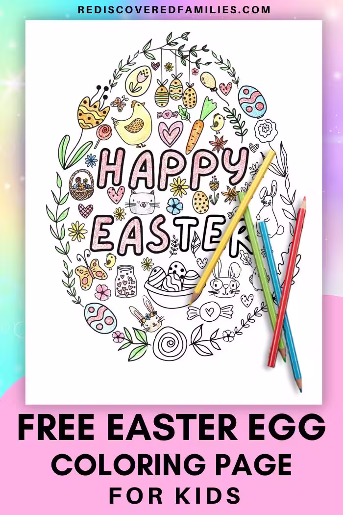 Pinterest pin with a Easter egg coloring page with bunnies, eggs, and flowers, accompanied by colored pencils, promoting a free printable Easter activity for kids.