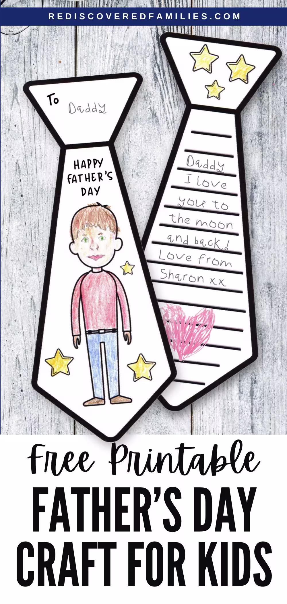 A Pinterest pin featuring a handmade Father's Day tie card with a child's drawing and heartfelt message, with a text overlay that says "Free Printable Father's Day Craft for Kids."