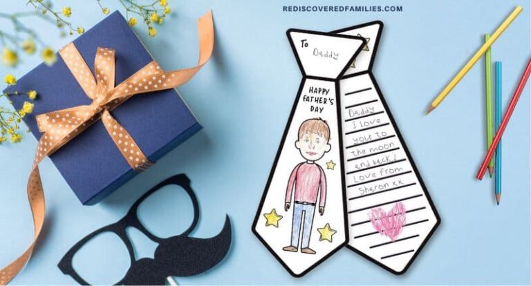 A completed Father's Day tie card featuring a child's drawing and heartfelt message, surrounded by craft supplies.