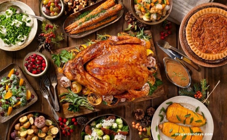 Assorted Christmas side dishes next to a cooked Turkey