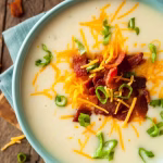 Close-up of creamy potato soup in a blue bowl with cheddar, bacon, and sliced green onions;