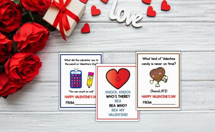 A variety of valentine joke cards displayed with Valentine decorations