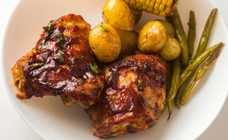 BBQ Chicken And Veggies arranged on a plate