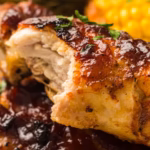close up of BBQ Chicken with Veggies in the background