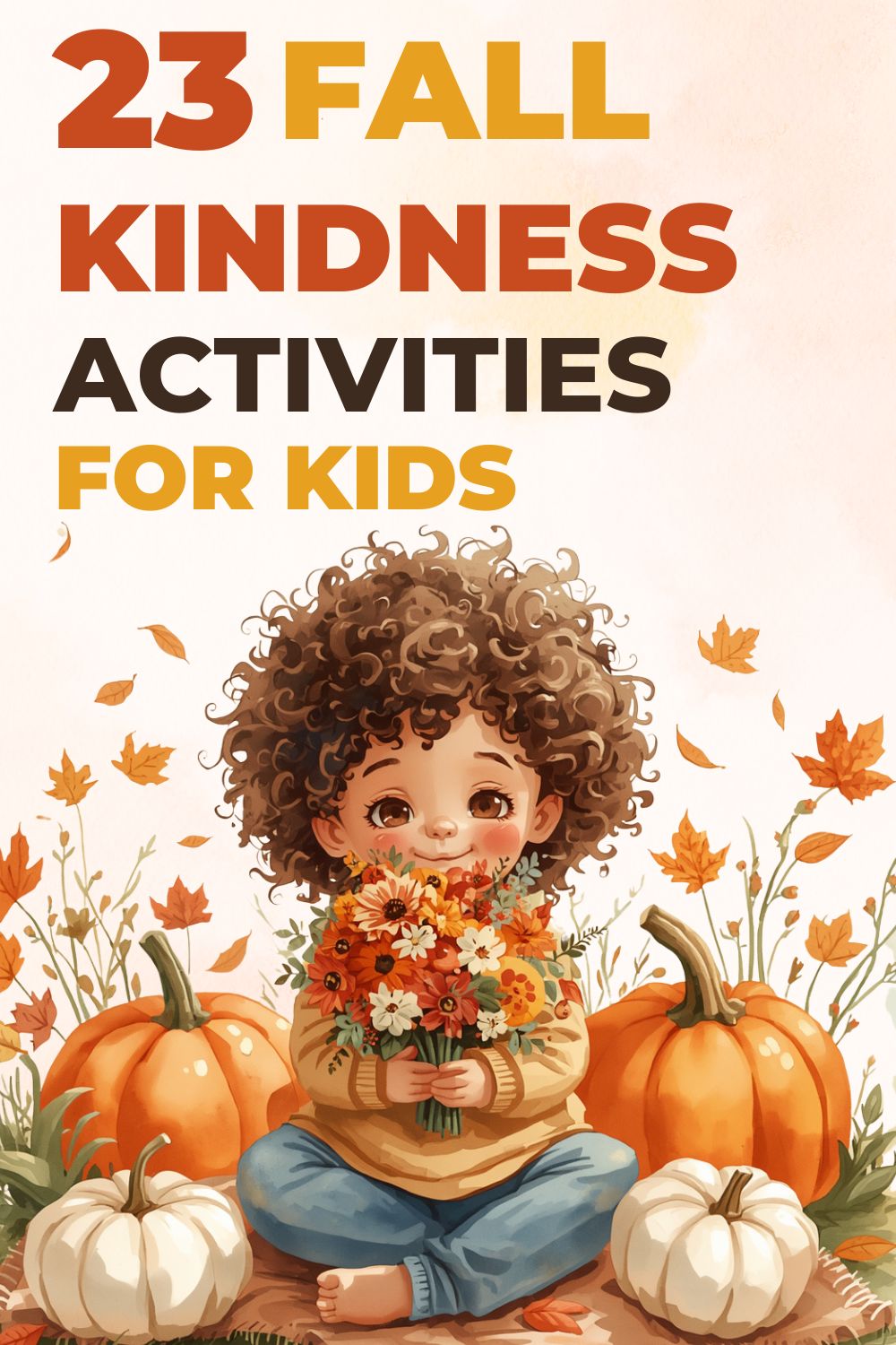 Pinterest pin with a child sitting next to pumpkins holding a bouquet of fall flowers- text overlay reads 23 Fall Kindness Activities For Kids